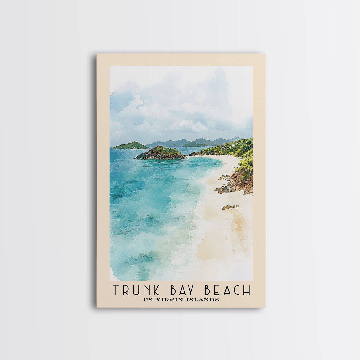 Trunk Bay Beach, US Virgin islands Watercolor Beach Print, Vacation Gift, US Virgin islands Wall Art, Framed Canvas Print, Framed Beach Painting