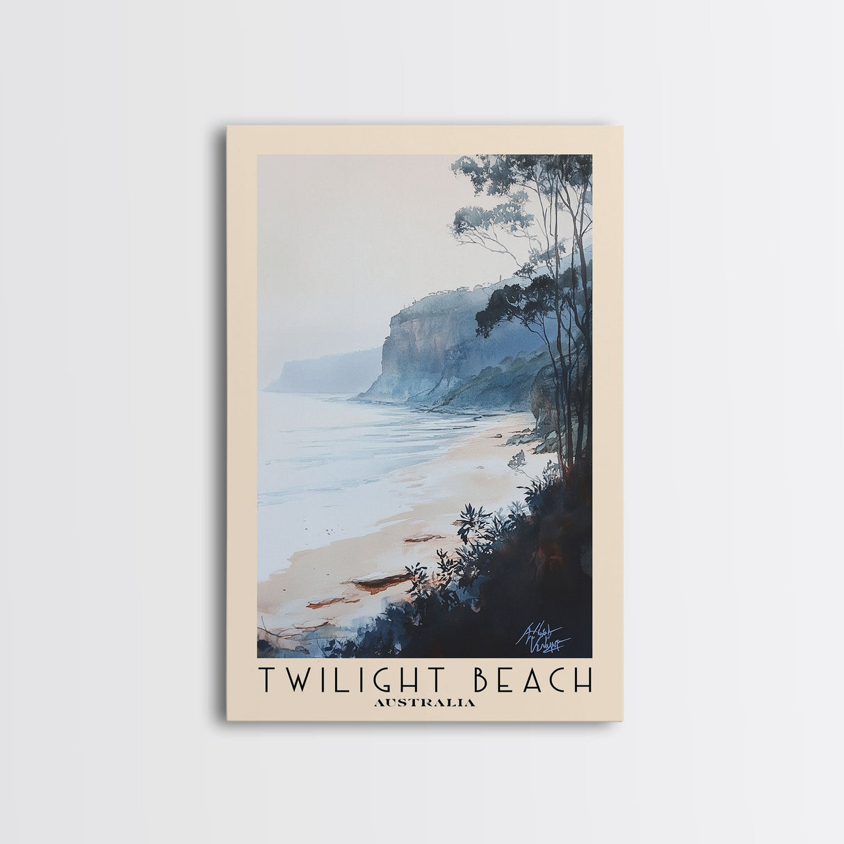 Twilight Beach, Australia Watercolor Beach Print, Vacation Gift, Australia Wall Art, Framed Canvas Print, Framed Beach Painting