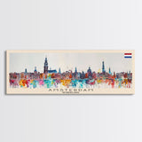 Amsterdam Netherlands Travel Art, City Art, Framed Canvas Print or Metal Wall Art, Europe Travel Poster, Panoramic Wall Art, Extra Wide Wall Art