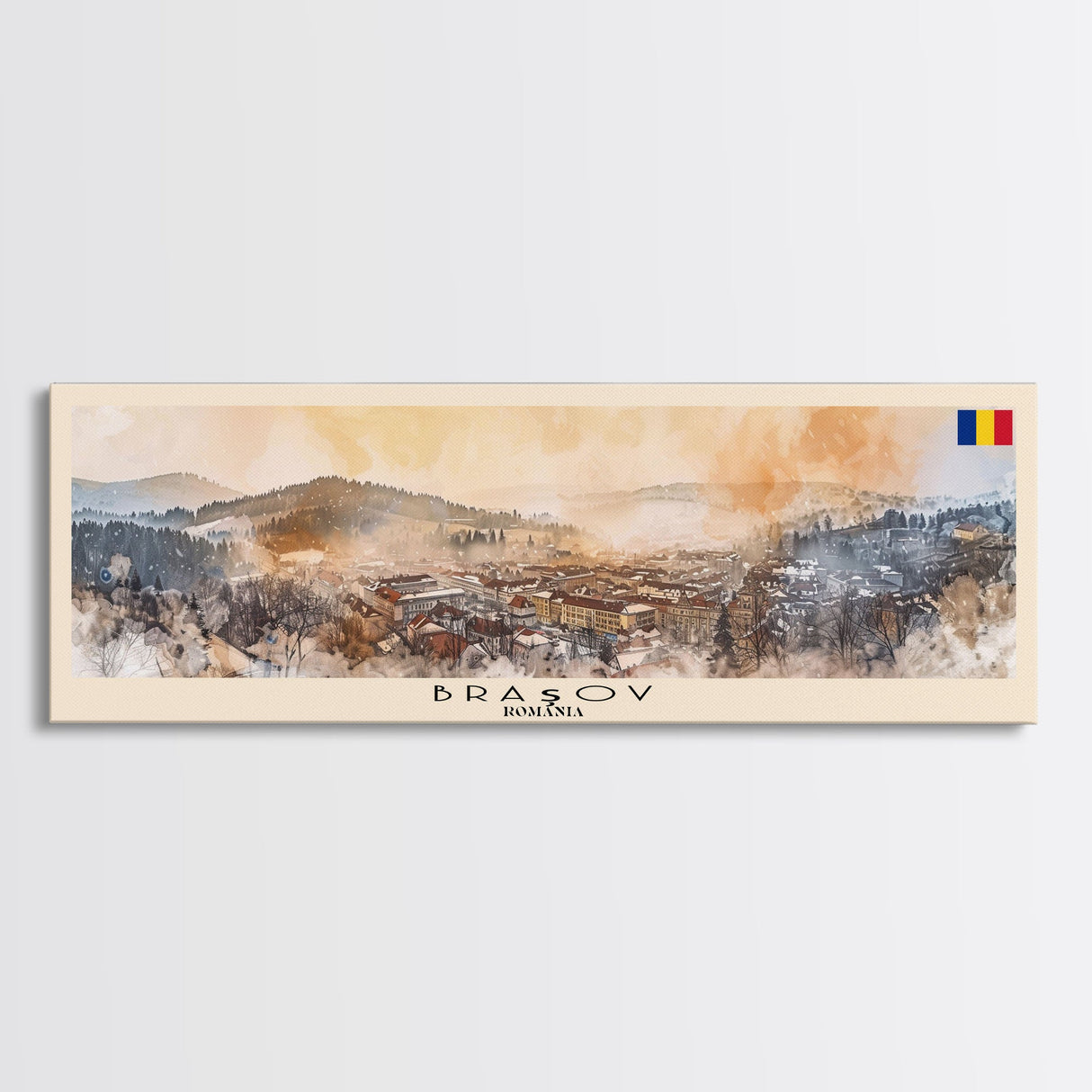 Brasov Romania Panoramic Travel Poster, Framed Canvas Print or Metal Wall Art, Travel Art, Home Decor, Panoramic Painting, Midcentury Art