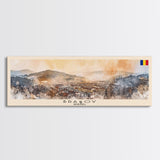 Brasov Romania Panoramic Travel Poster, Framed Canvas Print or Metal Wall Art, Travel Art, Home Decor, Panoramic Painting, Midcentury Art