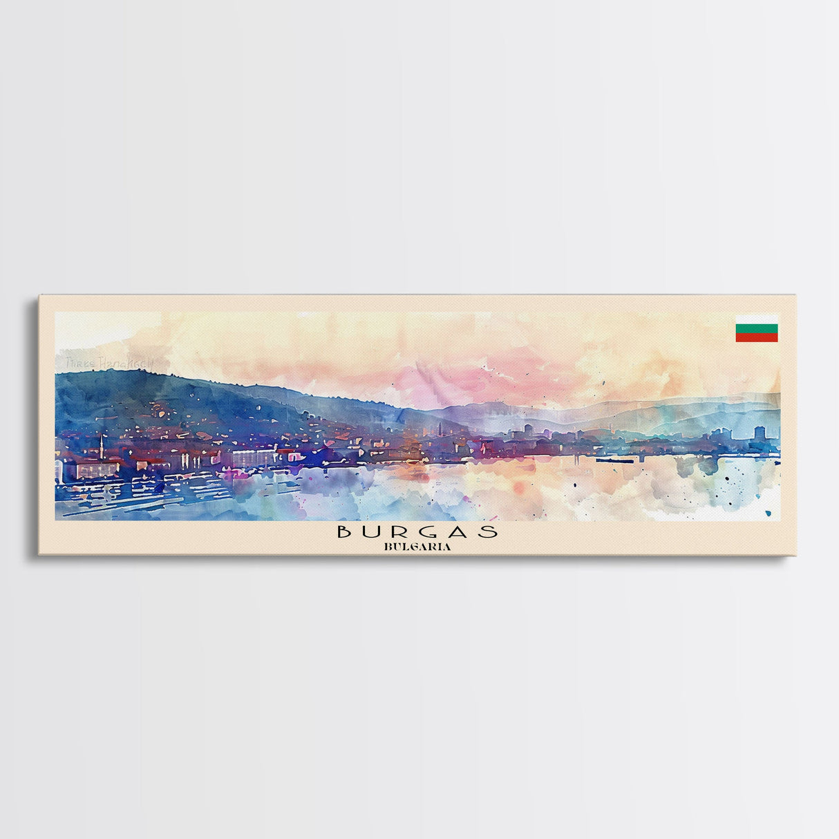 Burgas Bulgaria Panoramic Travel Poster, Framed Canvas Print or Metal Wall Art, Travel Art, Home Decor, Panoramic Painting, Midcentury Art