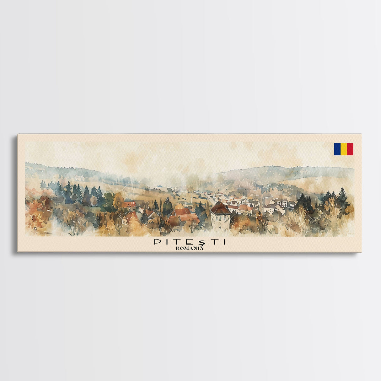 Piteti Romania Panoramic Travel Poster, Framed Canvas Print or Metal Wall Art, Travel Art, Home Decor, Panoramic Painting, Midcentury Art