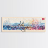 Linz Austria Panoramic Travel Poster, Framed Canvas Print or Metal Wall Art, Travel Art, Home Decor, Panoramic Painting, Midcentury Art