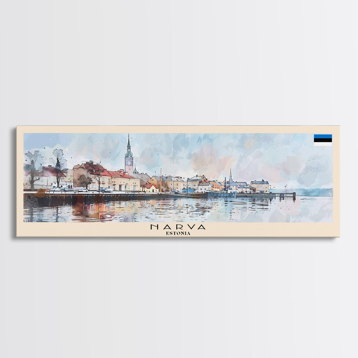 Narva Estonia Panoramic Travel Poster, Framed Canvas Print or Metal Wall Art, Travel Art, Home Decor, Panoramic Painting, Midcentury Art