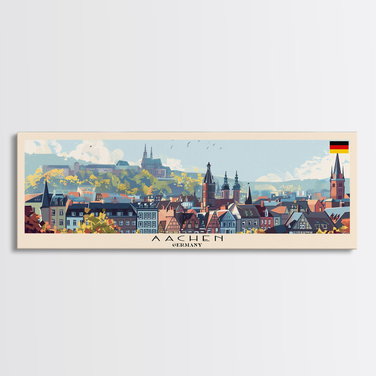 Aachen Germany  Panoramic Travel Poster, Framed Canvas Print or Metal Wall Art, Travel Art, Home Decor, Panoramic Painting, Midcentury Art