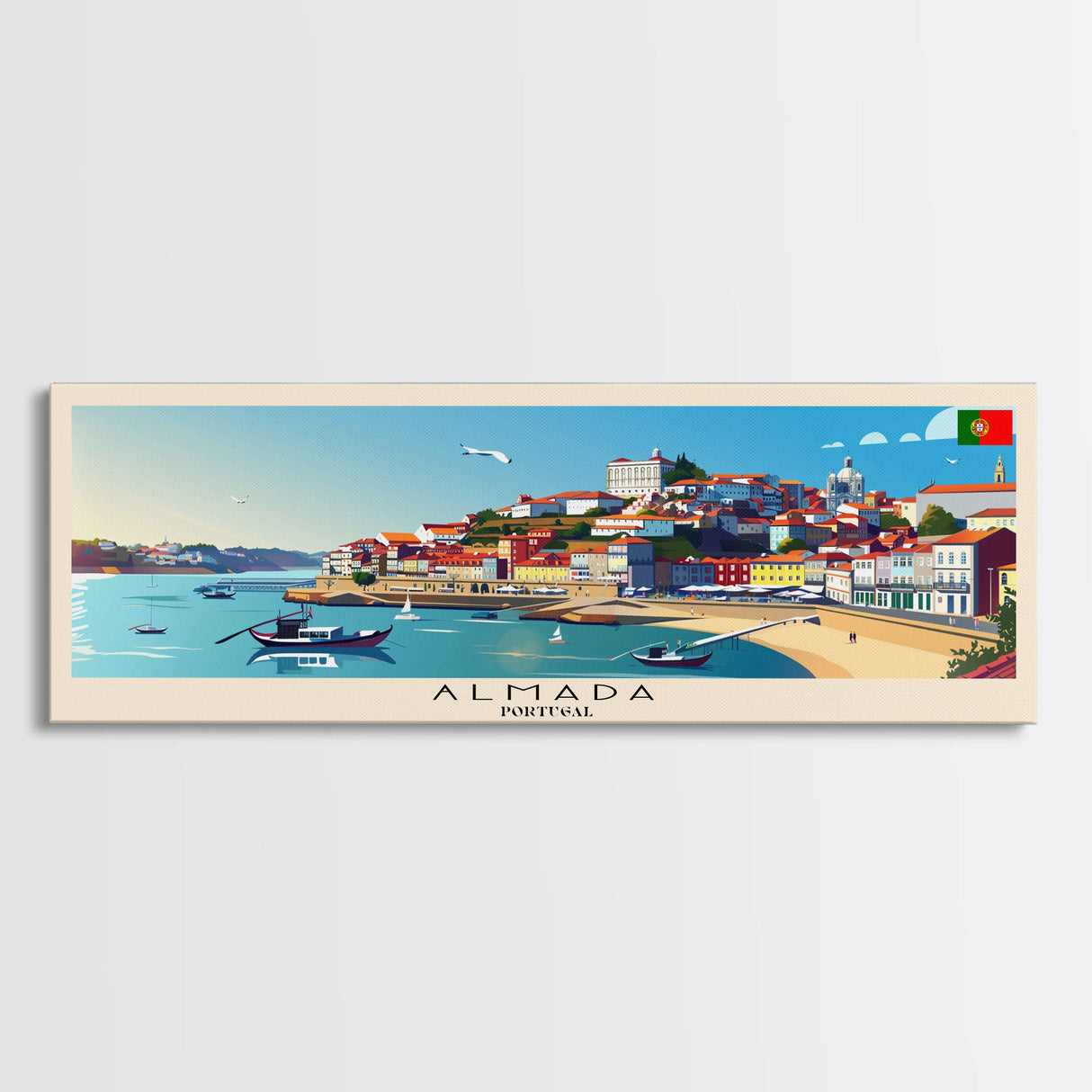 Almada  Portugal Travel Art, City Art, Framed Canvas Print or Metal Wall Art, Europe Travel Poster, Panoramic Wall Art, Extra Wide Wall Art