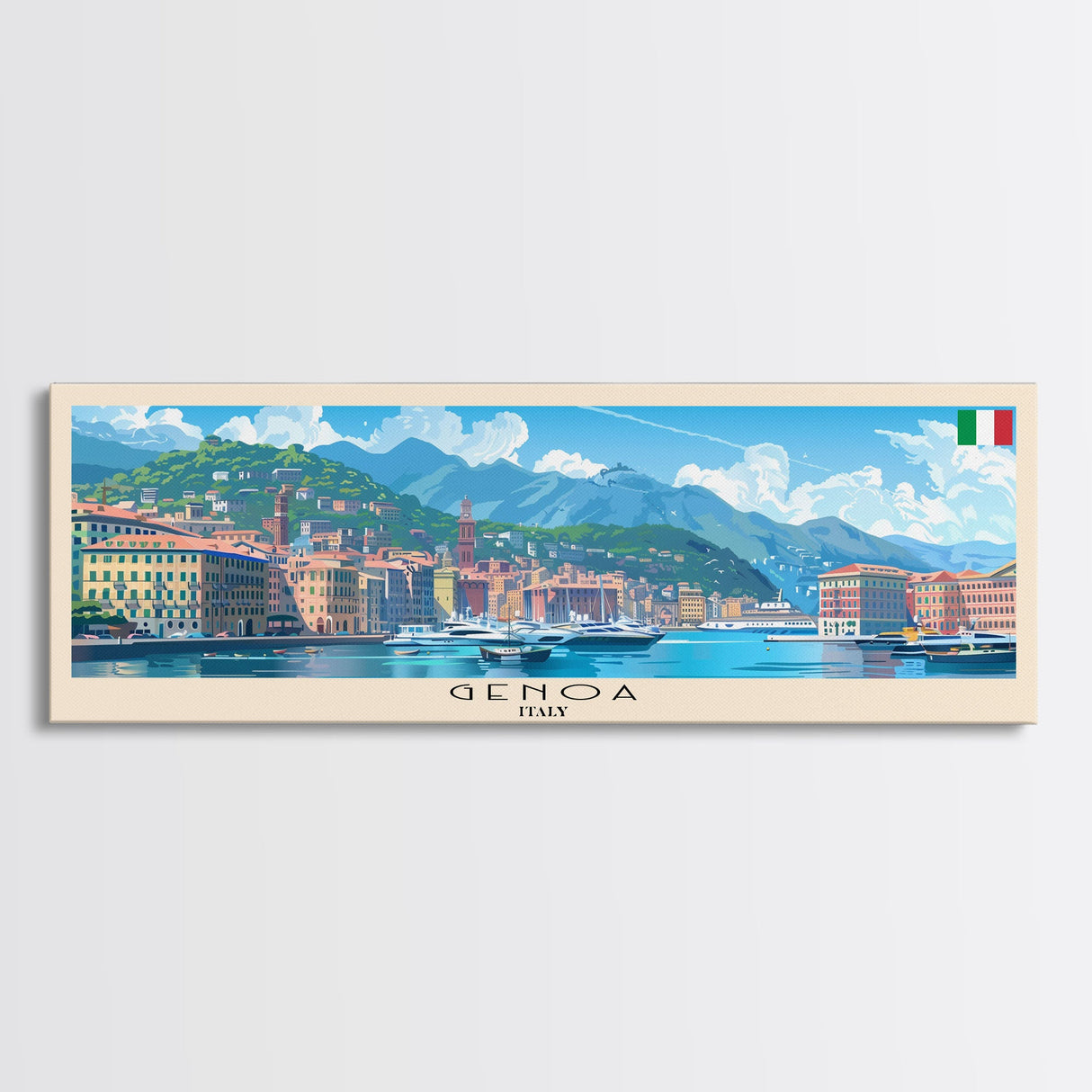 Genoa Italy Travel Art, City Art, Framed Canvas Print or Metal Wall Art, Europe Travel Poster, Panoramic Wall Art, Extra Wide Wall Art