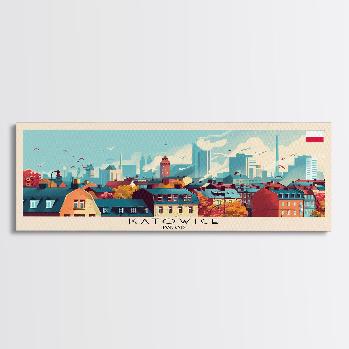 Katowice Poland Wall Art, Panoramic Travel Poster, Panoramic Framed Canvas Print, City Wall Art, Wall Hanging Home Decor, Travel Art