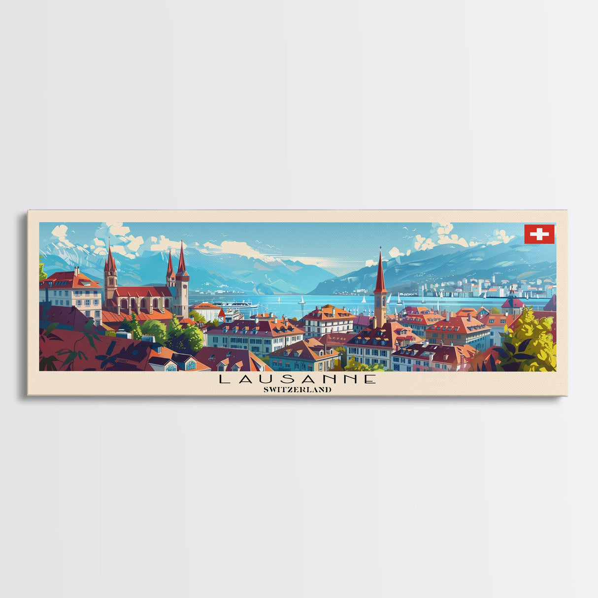 Lausanne Switzerland Travel Art, City Art, Framed Canvas Print or Metal Wall Art, Europe Travel Poster, Panoramic Wall Art, Extra Wide Wall Art