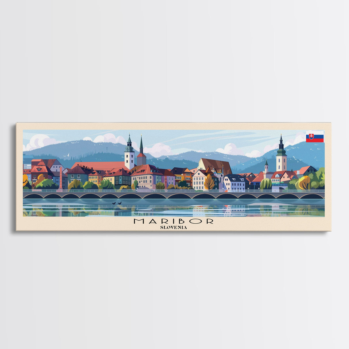 Maribor Slovenia Panoramic Travel Poster, Framed Canvas Print or Metal Wall Art, Travel Art, Home Decor, Panoramic Painting, Midcentury Art