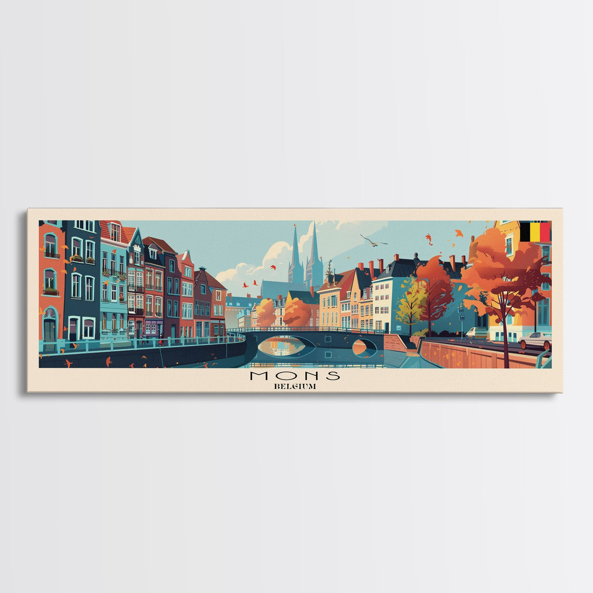 Mons Belgium Panoramic Travel Poster, Framed Canvas Print or Metal Wall Art, Travel Art, Home Decor, Panoramic Painting, Midcentury Art