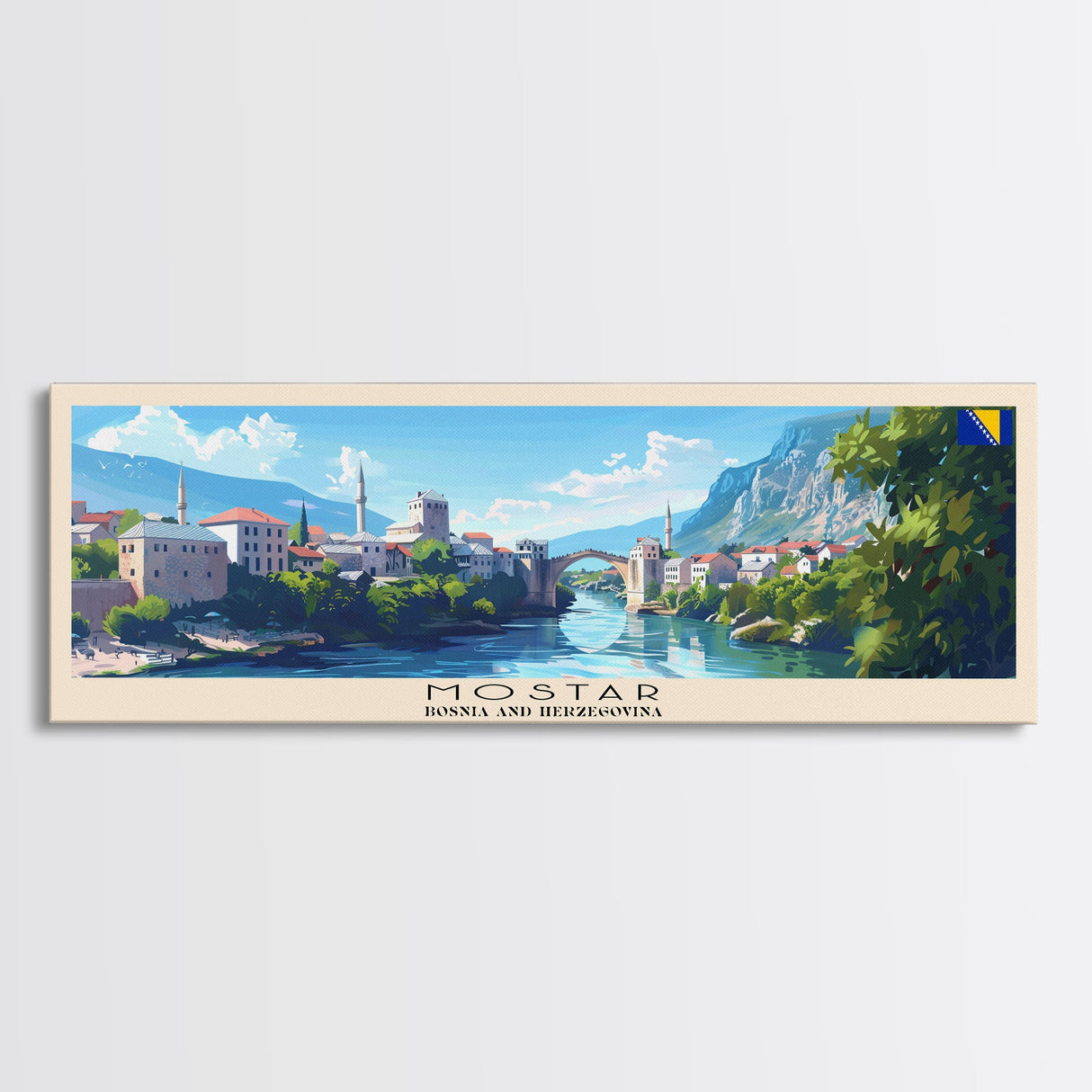 Mostar Bosnia Travel Art, City Art, Framed Canvas Print or Metal Wall Art, Europe Travel Poster, Panoramic Wall Art, Extra Wide Wall Art