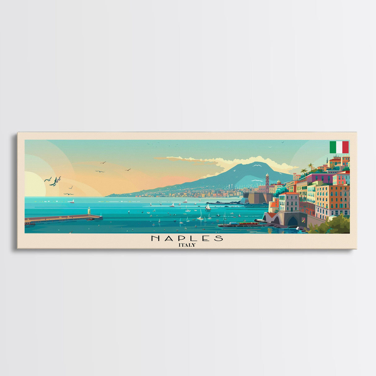 Naples Italy Travel Art, City Art, Framed Canvas Print or Metal Wall Art, Europe Travel Poster, Panoramic Wall Art, Extra Wide Wall Art