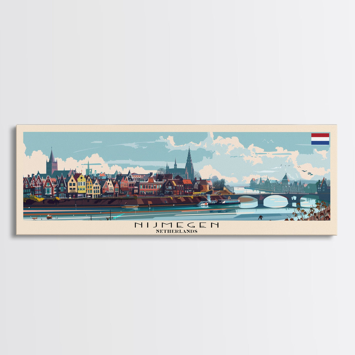 Nijmegen Netherlands Panoramic Travel Poster, Framed Canvas Print or Metal Wall Art, Travel Art, Home Decor, Panoramic Painting, Midcentury Art