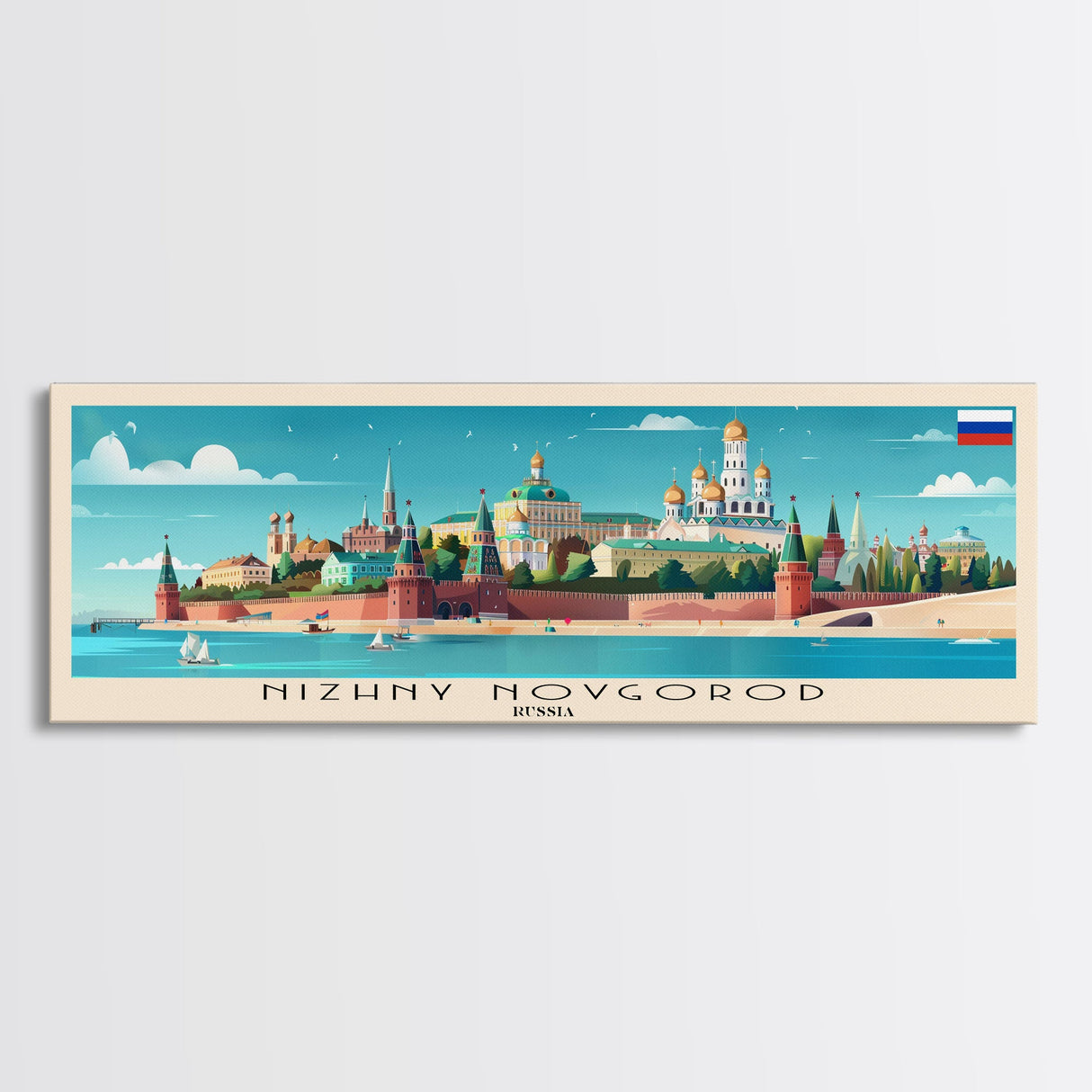 Nizhny Novgorod Panoramic Travel Poster, Framed Canvas Print or Metal Wall Art, Travel Art, Home Decor, Panoramic Painting, Midcentury Art