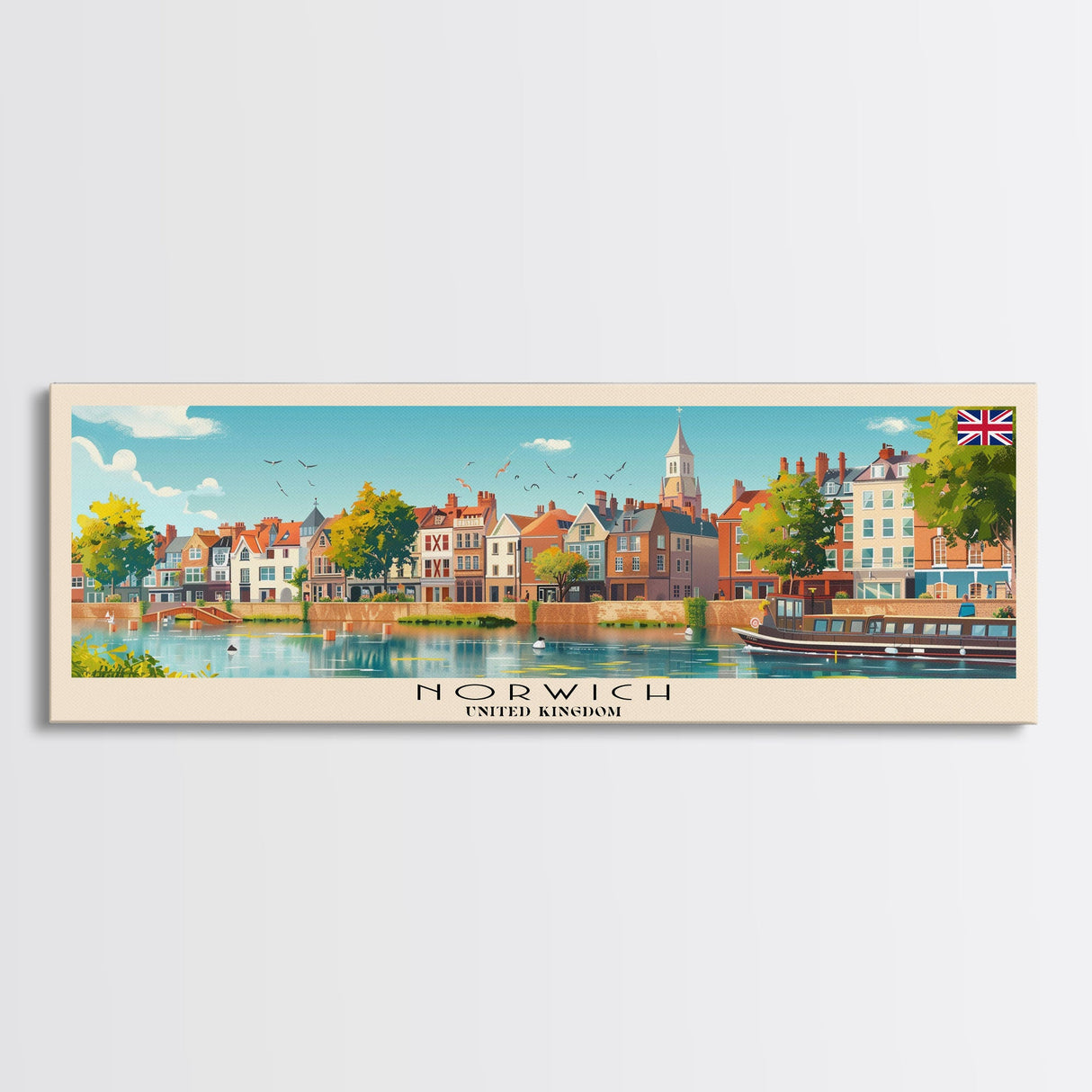 Norwich United Kingdom Panoramic Travel Poster, Framed Canvas Print or Metal Wall Art, Travel Art, Home Decor, Panoramic Painting, Midcentury Art