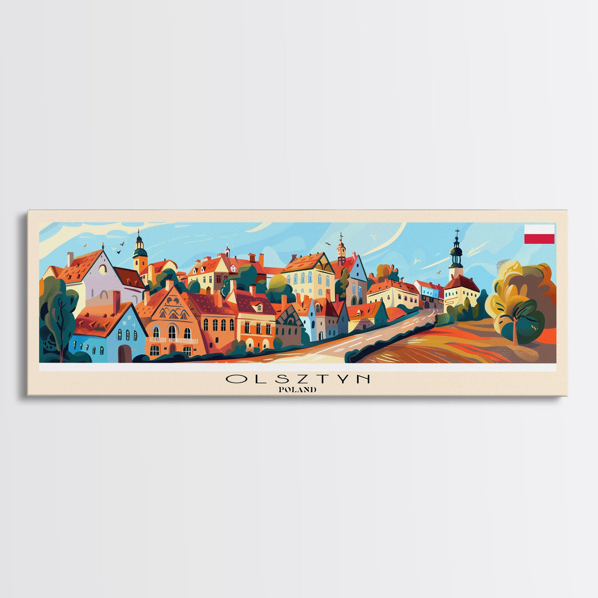 Olsztyn Poland Panoramic Travel Poster, Framed Canvas Print or Metal Wall Art, Travel Art, Home Decor, Panoramic Painting, Midcentury Art