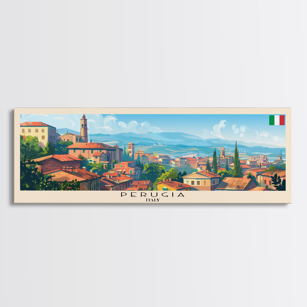 Perugia Italy Panoramic Travel Poster, Framed Canvas Print or Metal Wall Art, Travel Art, Home Decor, Panoramic Painting, Midcentury Art