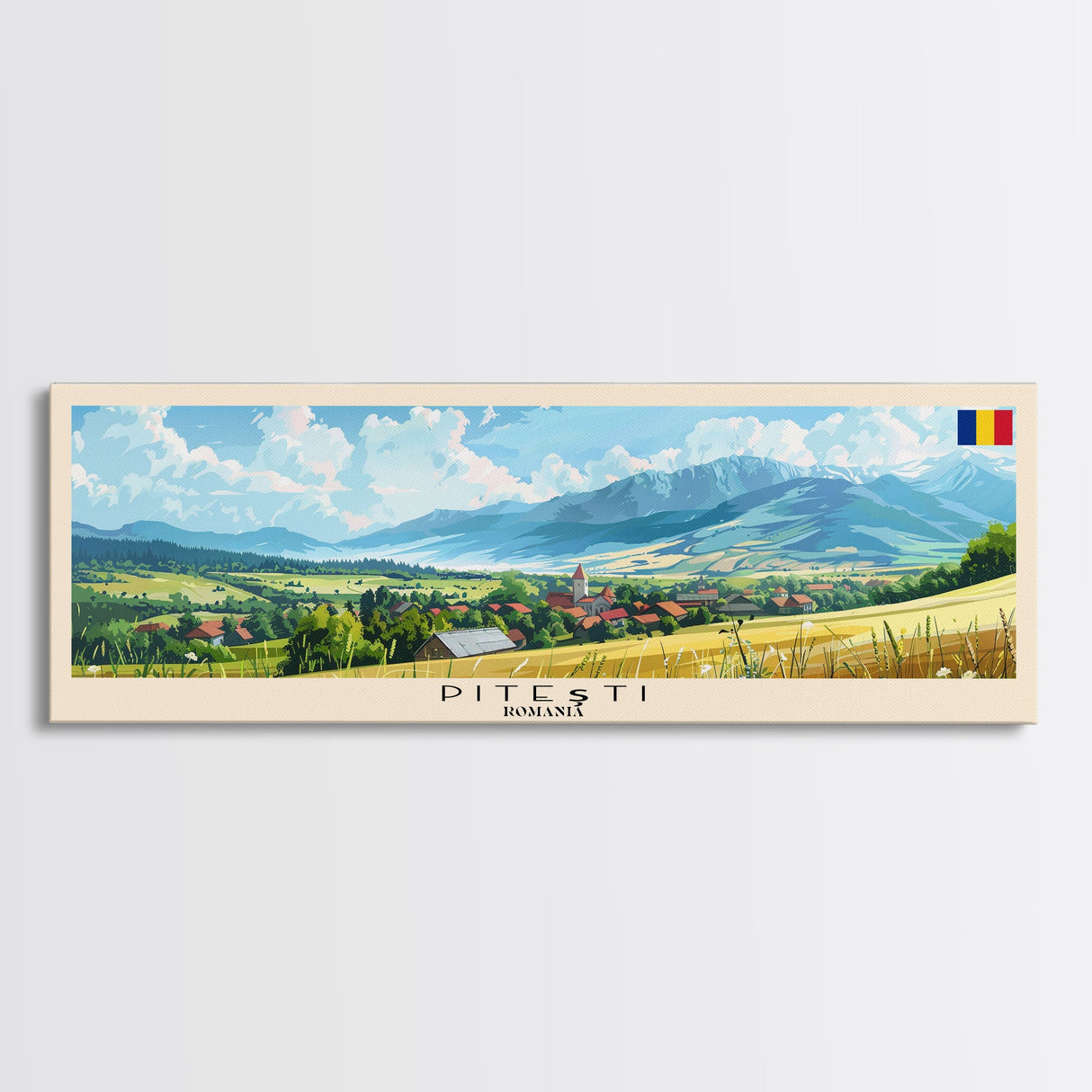 Pitesti Romania Panoramic Travel Poster, Framed Canvas Print or Metal Wall Art, Travel Art, Home Decor, Panoramic Painting, Midcentury Art