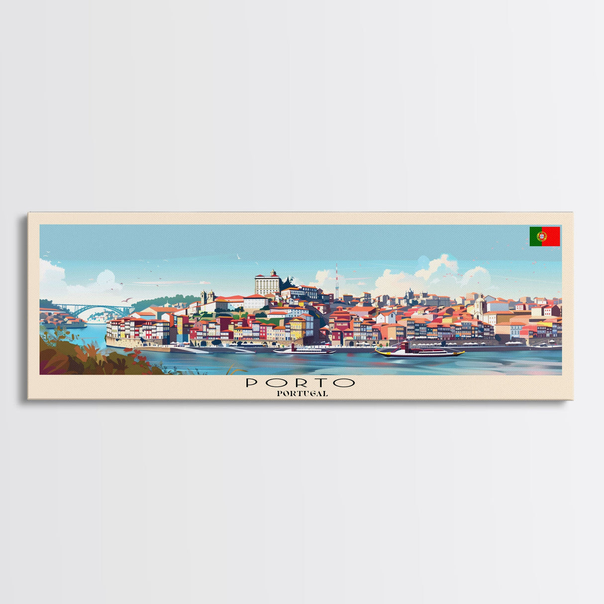 Porto Portugal Panoramic Travel Poster, Framed Canvas Print or Metal Wall Art, Travel Art, Home Decor, Panoramic Painting, Midcentury Art