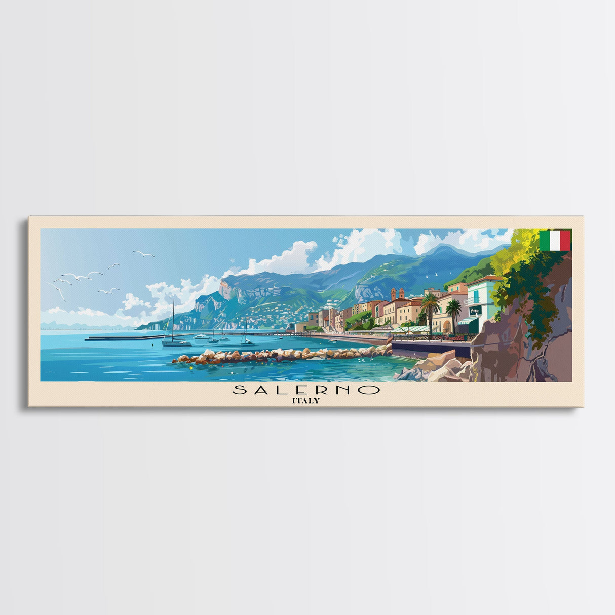 Salerno Italy Travel Art, City Art, Framed Canvas Print or Metal Wall Art, Europe Travel Poster, Panoramic Wall Art, Extra Wide Wall Art