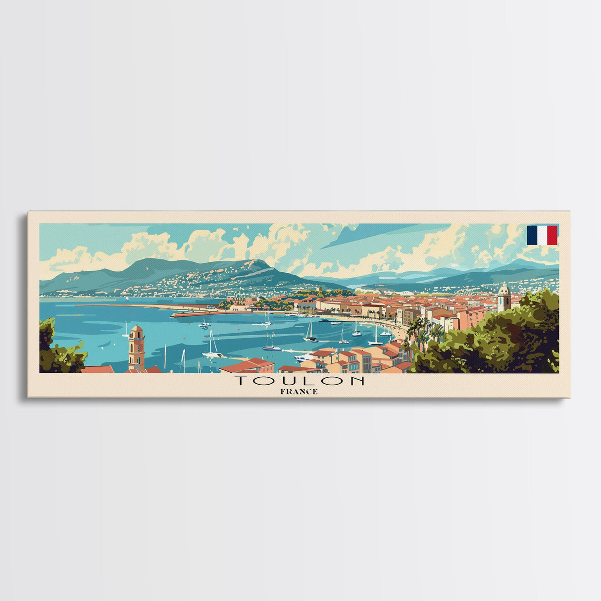 Toulon France Panoramic Travel Poster, Framed Canvas Print or Metal Wall Art, Travel Art, Home Decor, Panoramic Painting, Midcentury Art