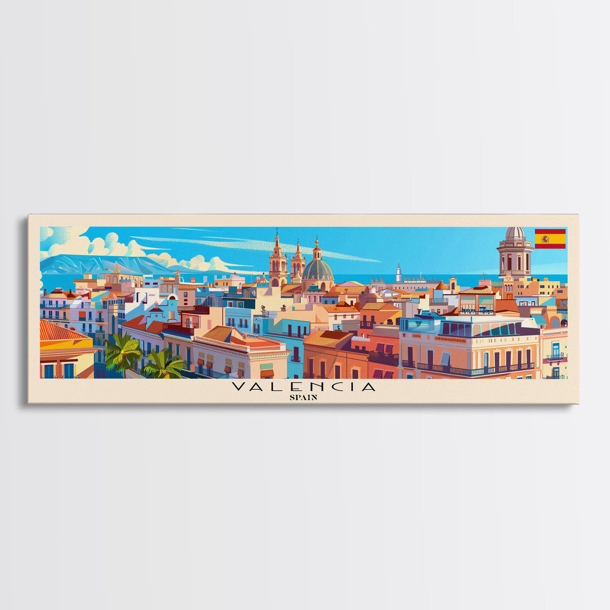 Valencia Spain Travel Art, City Art, Framed Canvas Print or Metal Wall Art, Europe Travel Poster, Panoramic Wall Art, Extra Wide Wall Art