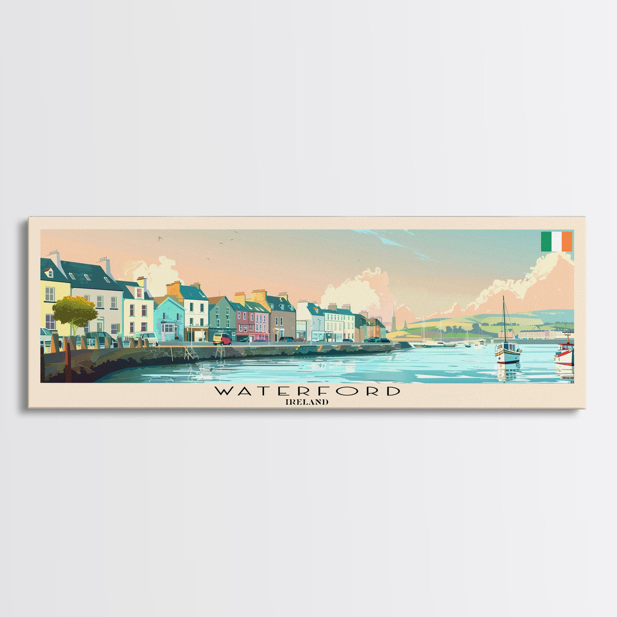 Waterford Ireland Panoramic Travel Poster, Framed Canvas Print or Metal Wall Art, Travel Art, Home Decor, Panoramic Painting, Midcentury Art