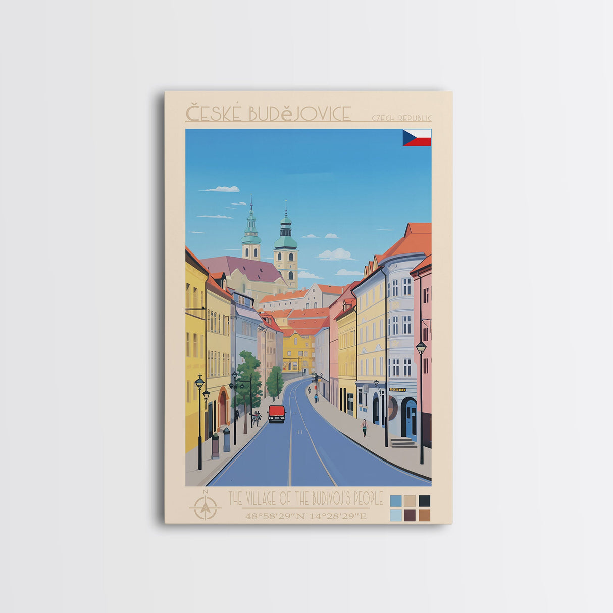 České Budějovice Czech Republic Travel Poster Framed Canvas Print, Midcentury Modern Art, Pop Art Decor, Living Room Wall Art