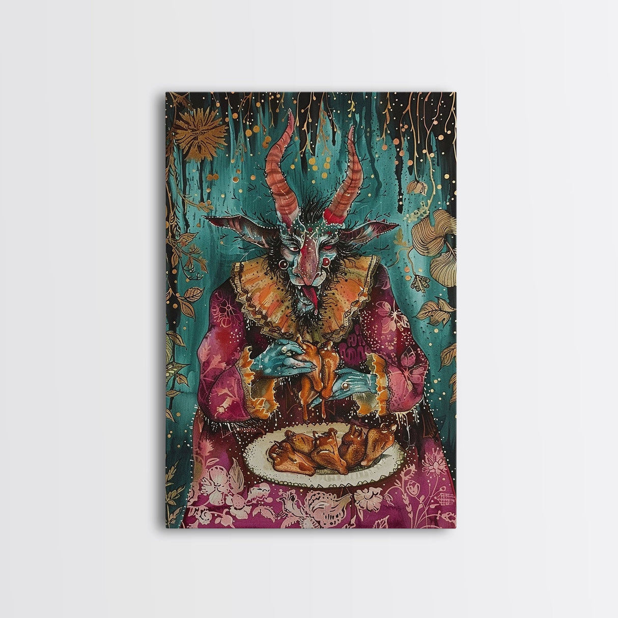 A demon eating some hot wings - hope he didn't sell his soul for them they look pretty good! Halloween Wall Art Framed Canvas