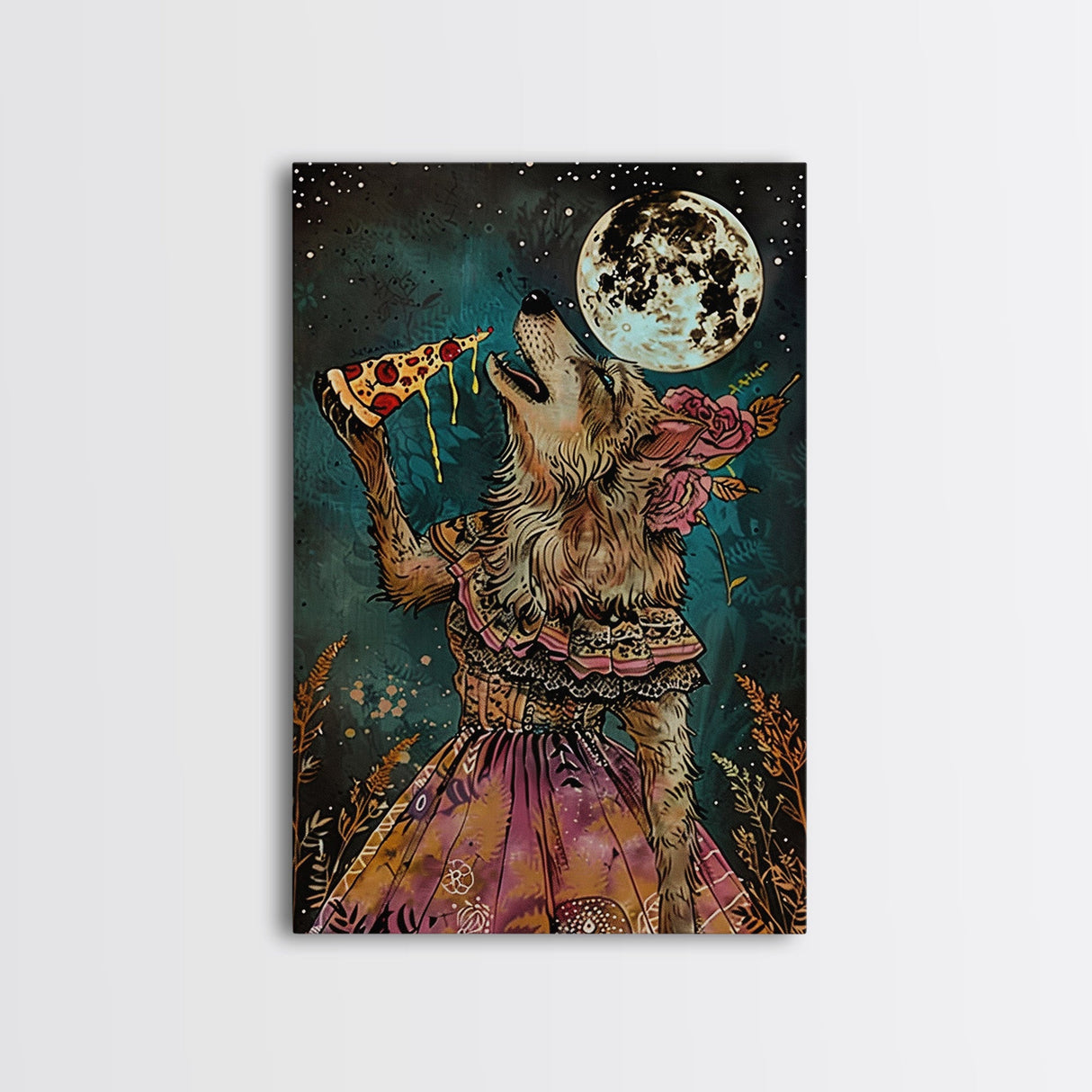 Werewolf Devouring a Pizza in a Colorful Halloween Setting, Bringing a Mix of Horror and Humor to Your Spooky Wall Art Collection