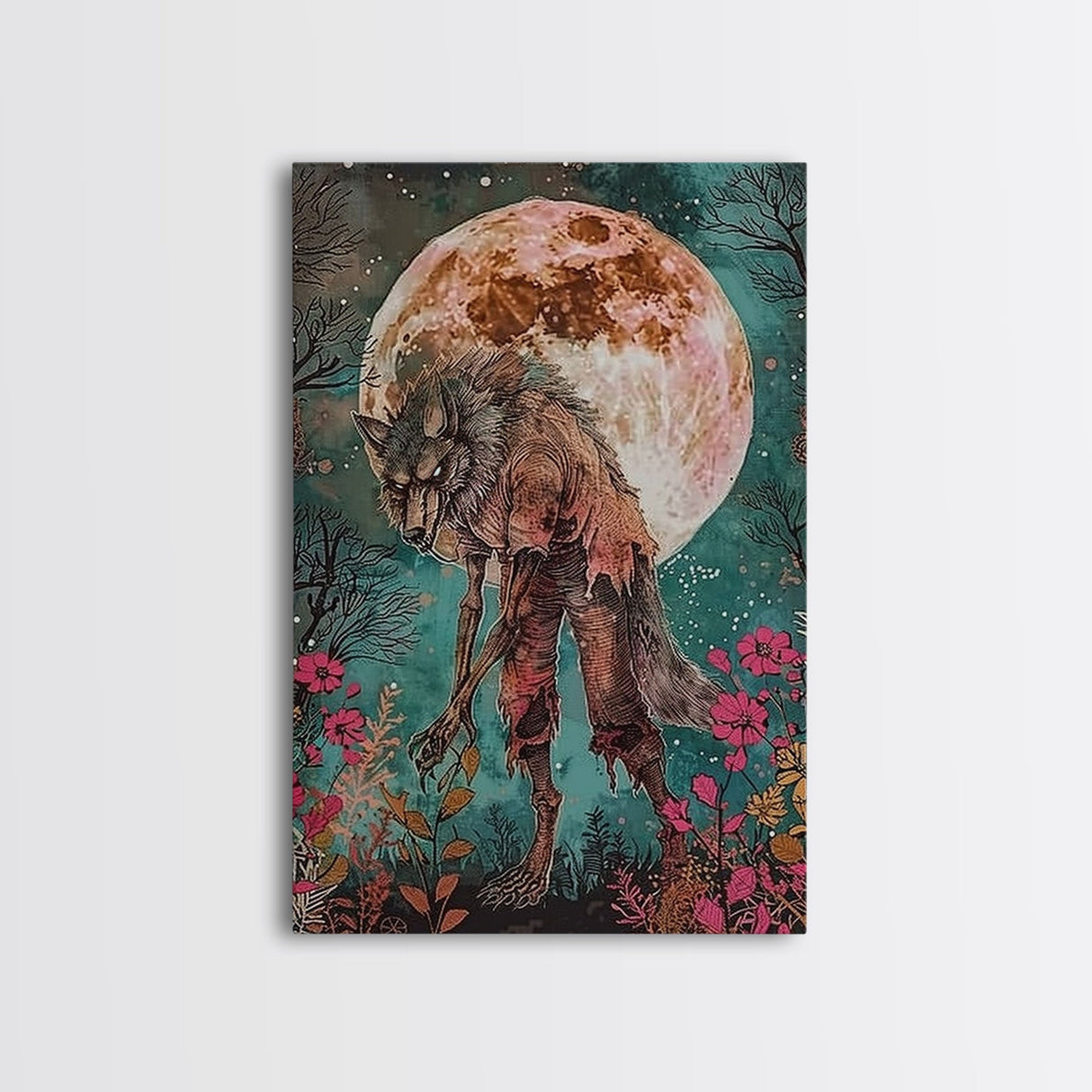 Werewolf Among Flowers and Full Moon Framed Canvas Print | Halloween Monster Art | Spooky Werewolf Decor for Home | Floral and Moon Artwork