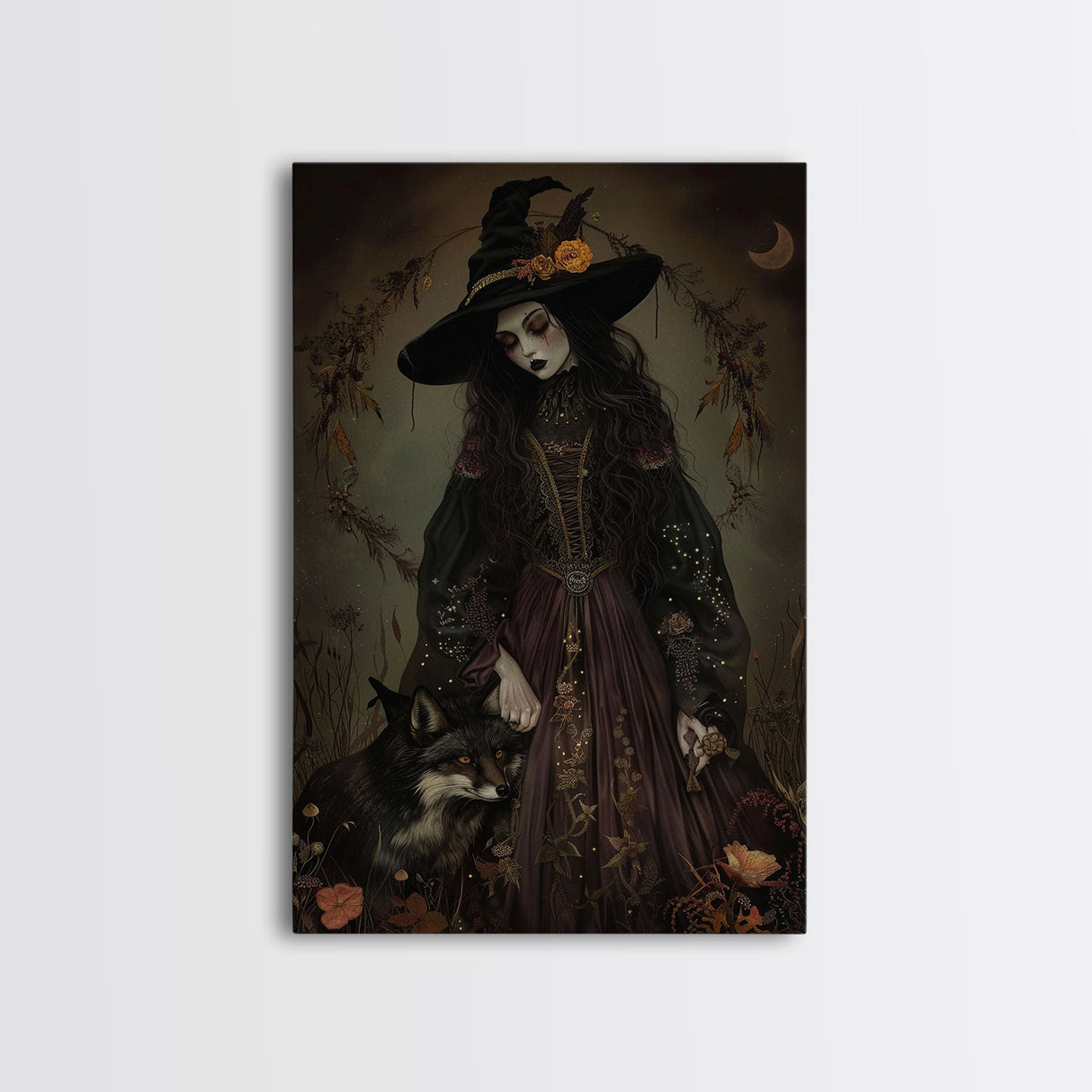 Witch and Fox Framed Canvas Print, Melancholic Witch Painting, Halloween Decor, Witchy Art, Spooky Vibes, Moody Decor