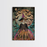 Whimsical Witch with Bats Under Full Moon, Framed Canvas Print, Spooky Halloween Art, Witch Decor, Magical Night, Enchanted Home Decor