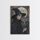 Witch with Wise Owl Under Full Moon, Framed Canvas Print, Mystical Witchcraft Art, Witch and Owl, Spooky Home Decor, Halloween Wall Art