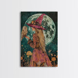 Witch in Purple Hat with Owl - Moonlit Enchantment Mystical Beauty Framed Canvas Print, Halloween Witch Decor