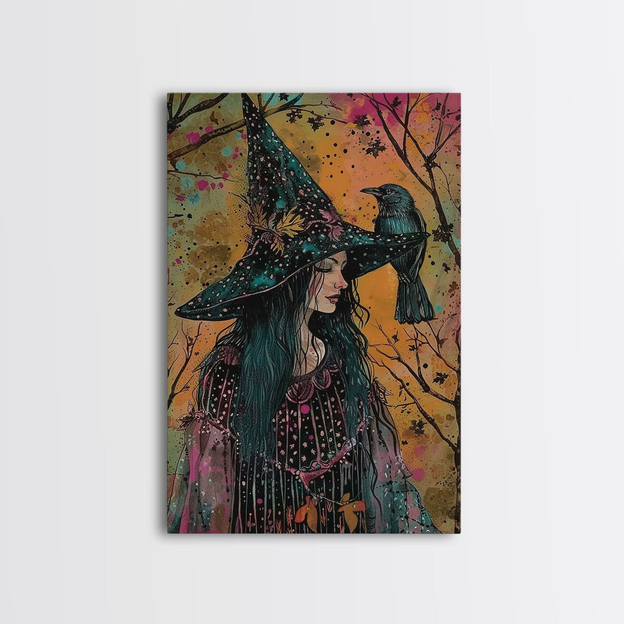 Witch with Raven in Autumn Forest - Dark Enchantment Mystical Gothic Art Framed Canvas Print, Halloween Home Decor