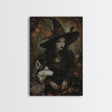 Witch with Wolves in Enchanted Forest - Dark Sorcery Mystical Art Framed Canvas Print, Halloween Gothic Decor