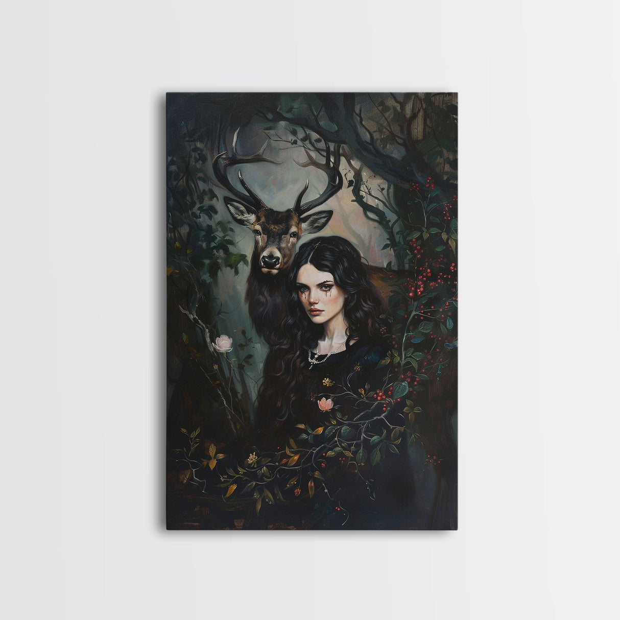 Woman with Deer in Enchanted Forest - Halloween Art, Gothic Art, Spooky Decor, Sinister Portrait, Haunted Forest, Framed Canvas Print