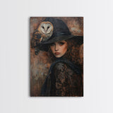 Witch with Crow in Spooky Forest - Halloween Art, Gothic Art, Spooky Decor, Dark Magic Art, Mysterious Portrait, Framed Canvas Print