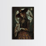 Witch Holding Owl Canvas Print - Halloween Art, Spooky Home Decor, Wall Art, Witch Painting, Halloween Decor, Framed Canvas Print