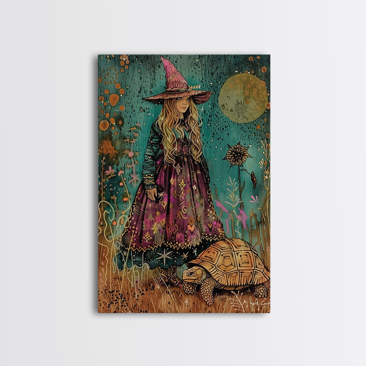 Witch With Tortoise Canvas Print - Halloween Art, Spooky Home Decor, Witch Wall Art, Witch Painting, Halloween Decor, Framed Canvas Print