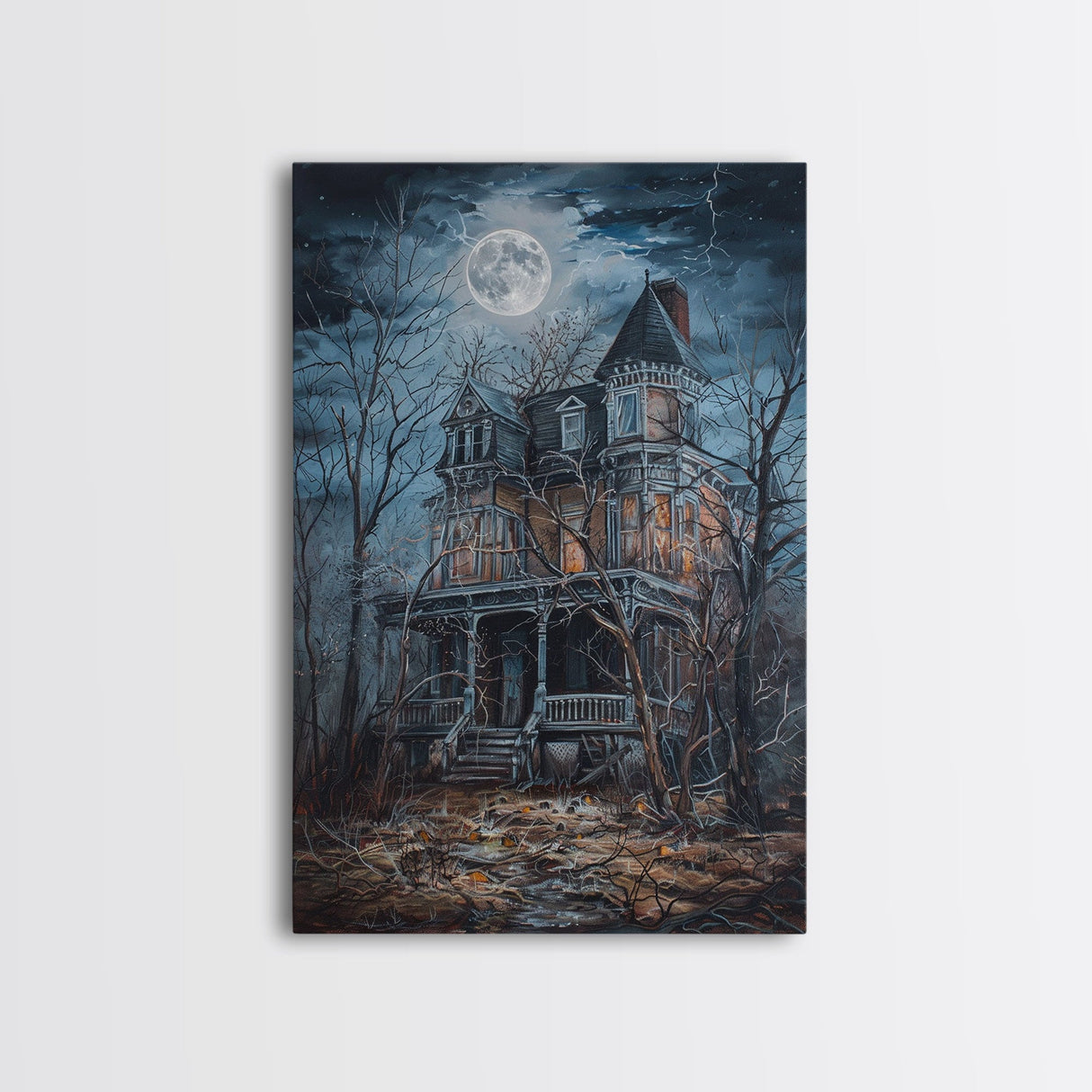 Abandoned House Under Moon Full Halloween Art, Spooky Mansion, Haunted Home, Creepy Decor, Gothic Artwork, Framed Canvas Print