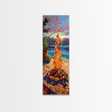 Abstract Canvas Painting of Campfire on Beach, Beachy Wall Art, Tall and Narrow Vertical Wall Art, Canvas Painting Printed and Framed