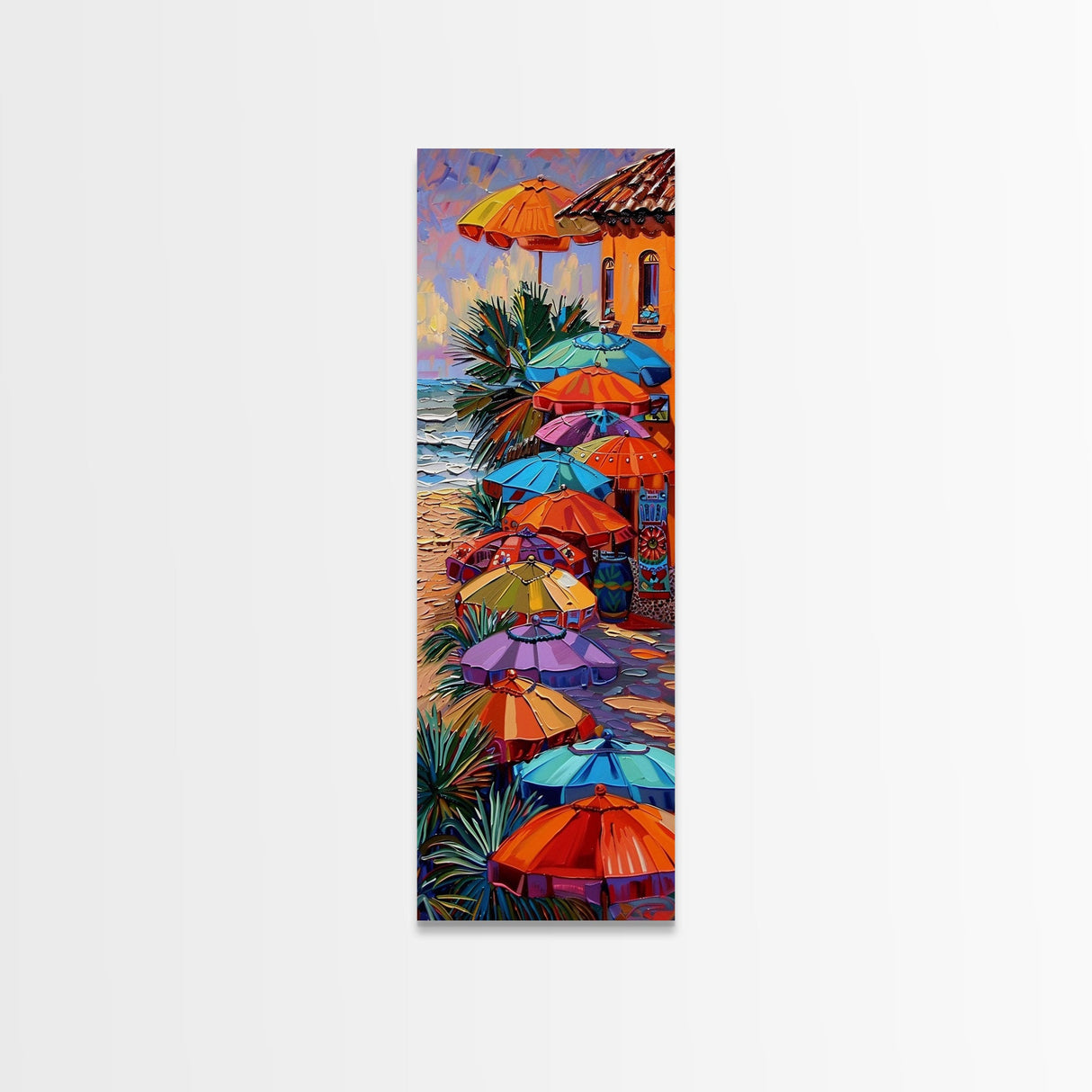 Long Narrow Coastal Wall Print of Colorful Umbrellas on Beach, Framed Canvas Beach Wall Art, Maximalist Wall Art, Wall Art for Living Room