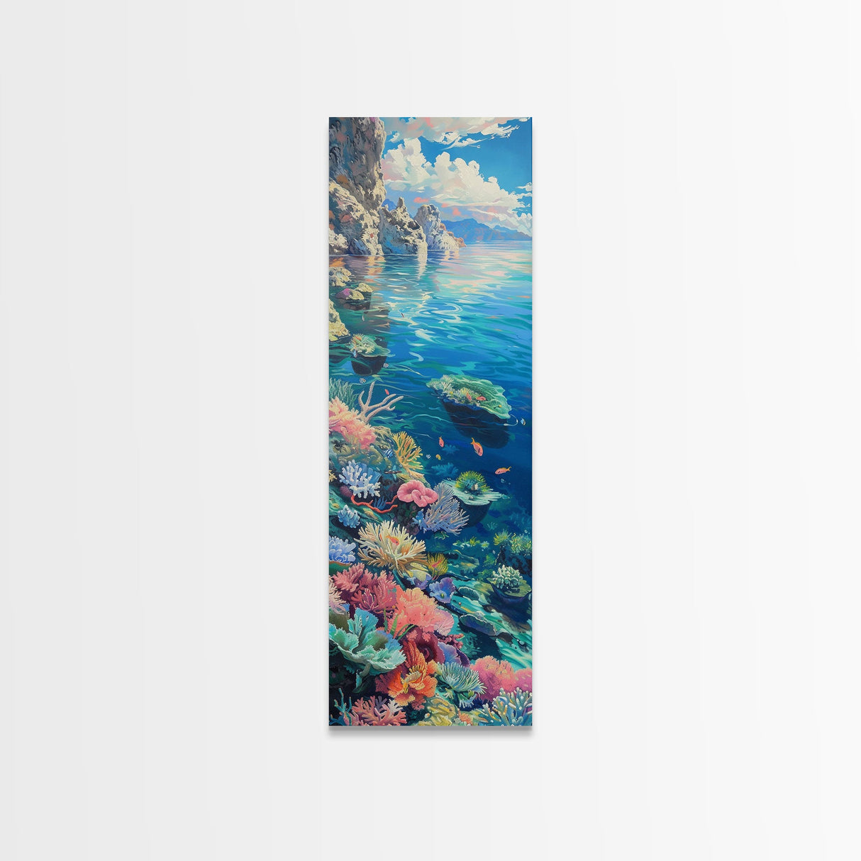 Tall and Narrow Vibrant Coral Reef Coastal Art Framed on Canvas, Ocean Painting, Tropical Coast Wall Art, Modern Art Print for Living Room