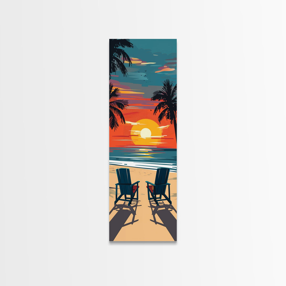 Palm Trees Sunset Midcentury Modern Wall Art - Framed Canvas Print, Boho Art, Skinny Art, Living Room Art, Bedroom Decor, Beach Landscape