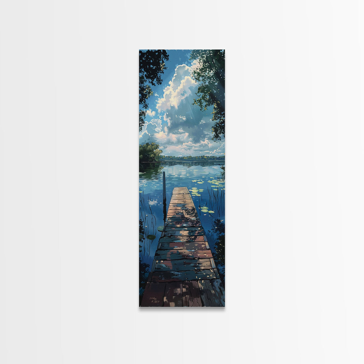 Lake Life, Framed Canvas Print, Summer At The Lake, Dock and Lilly Pads, Skinny Tall Panoramic Landscape Painting, Living Room Art