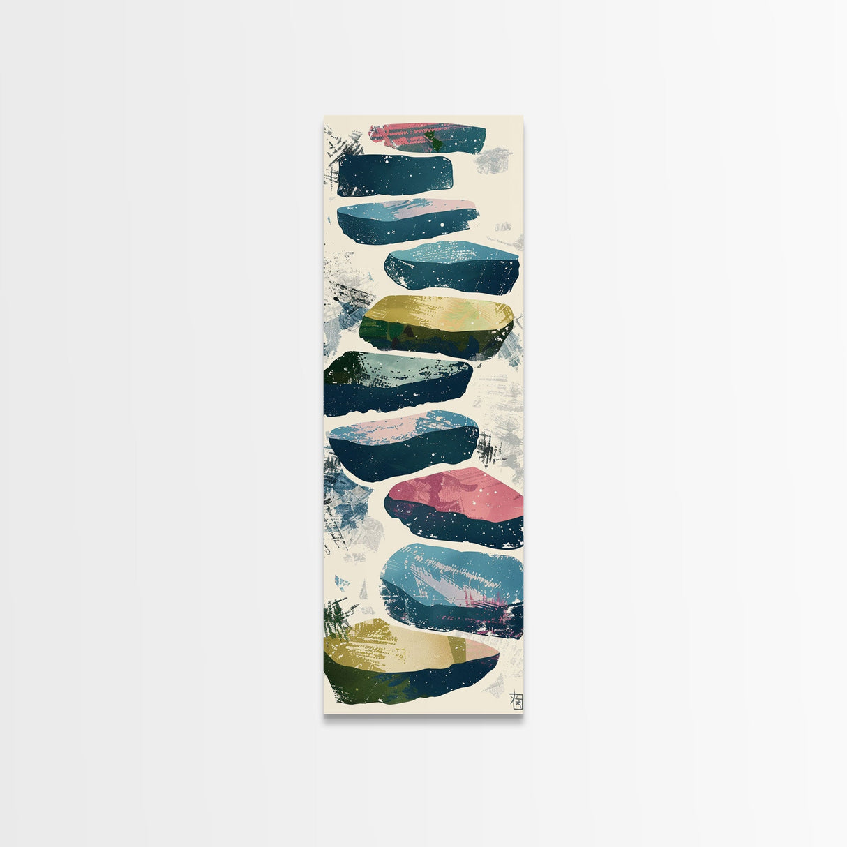 Skinny Art Tall Art Framed Canvas Print Abstract Stepping Stones In Varied Colors Over A Neutral Background Ukiyo-e Japanese Style Art